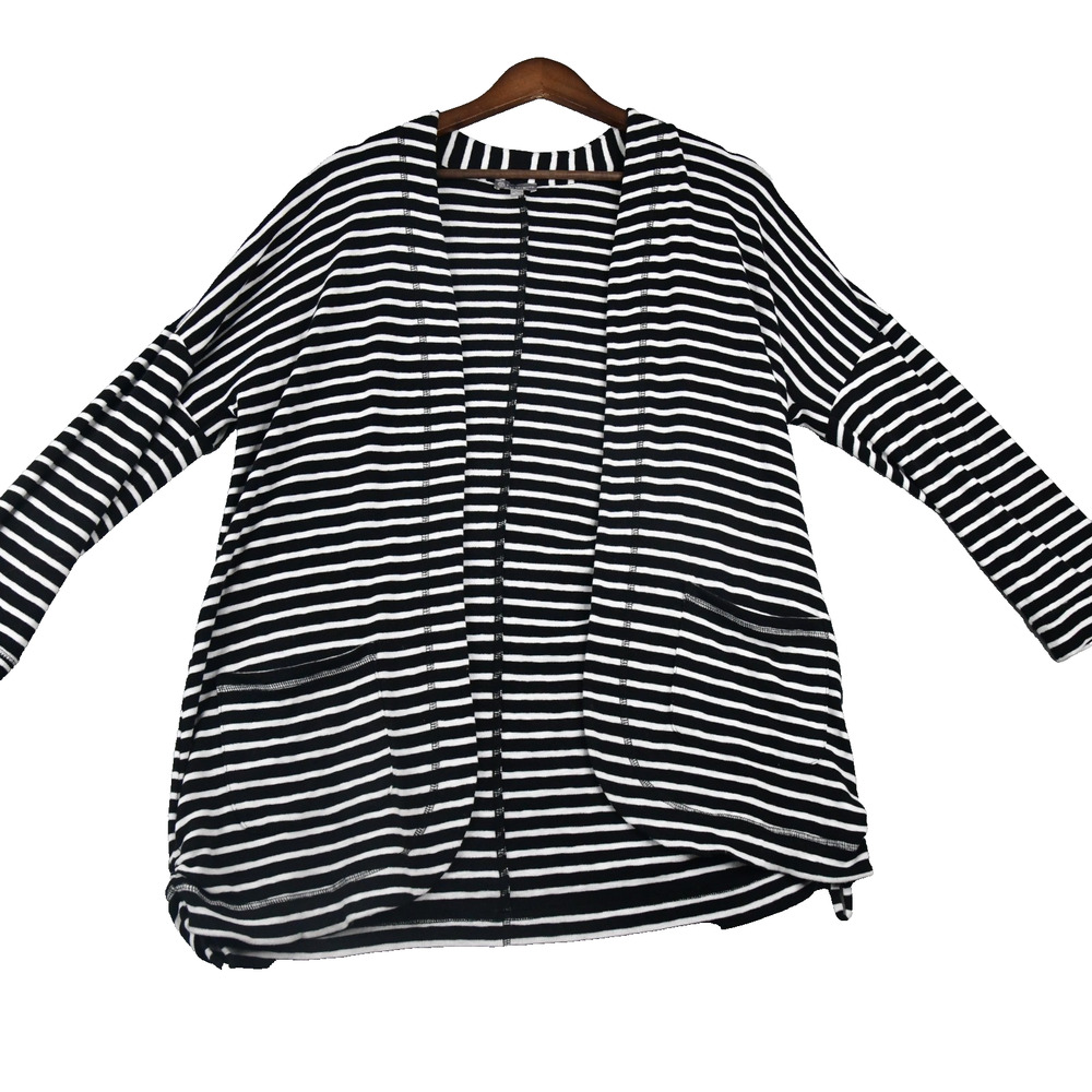 T by Talbots Cardigan Womens Medium Black/White Striped Open Lightweight Pockets